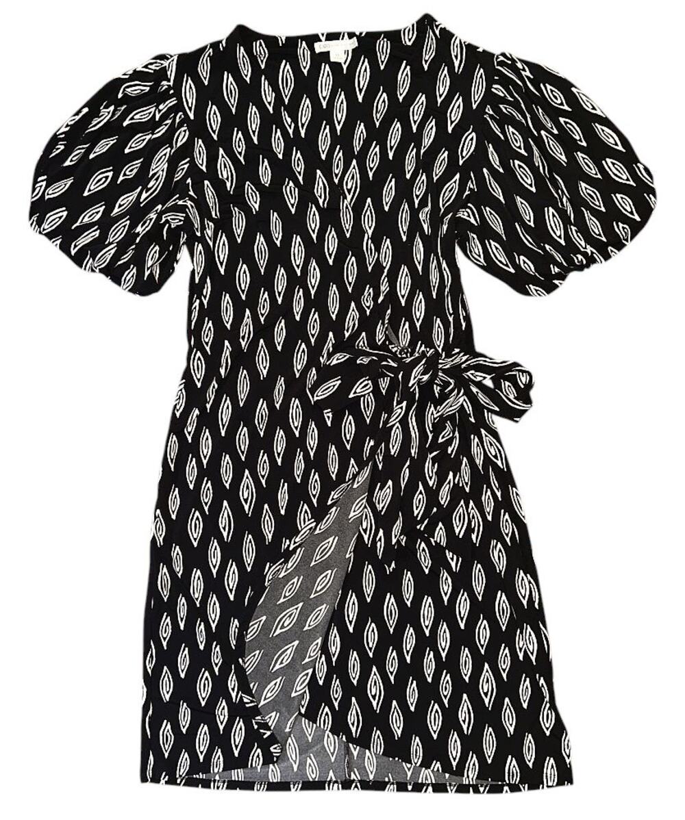 Cato V-Neck Faux-Wrap Stretch Black & White Dress Women's Medium